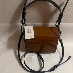 STEVEN by Steve Madden Brown Patent Crossbody Box Bag with Black Strap